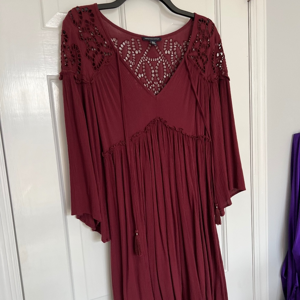 American Eagle Crochet Mini Swing Dress Burgundy